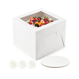 2 Pack Cake Boxes, 10 x 10 x 8 Inches Tall Bakery Box with Window and Cake Board